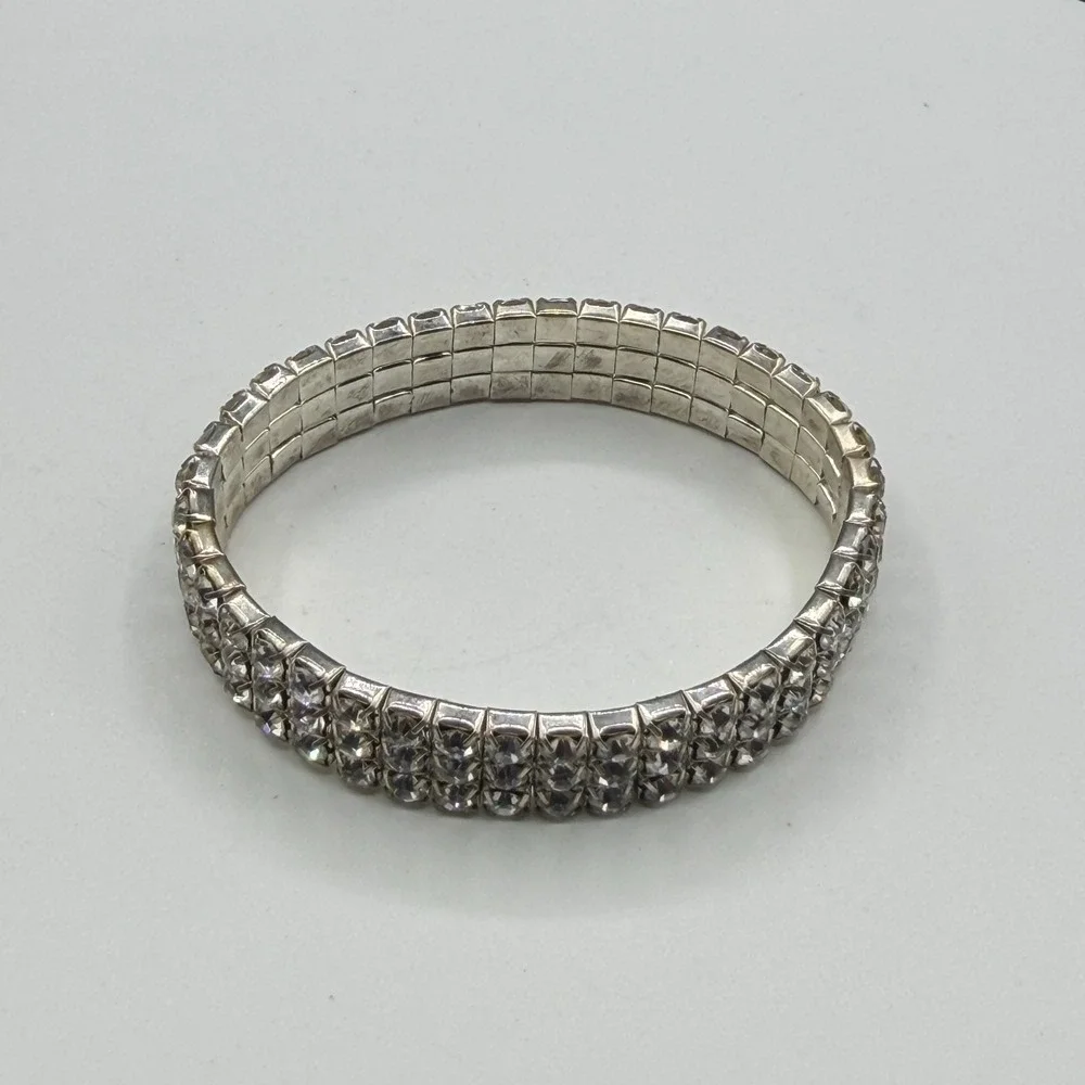 3 Row Clear Rhinestone Stretch Bracelet Silver Tone Sparkle Statement Jewelry